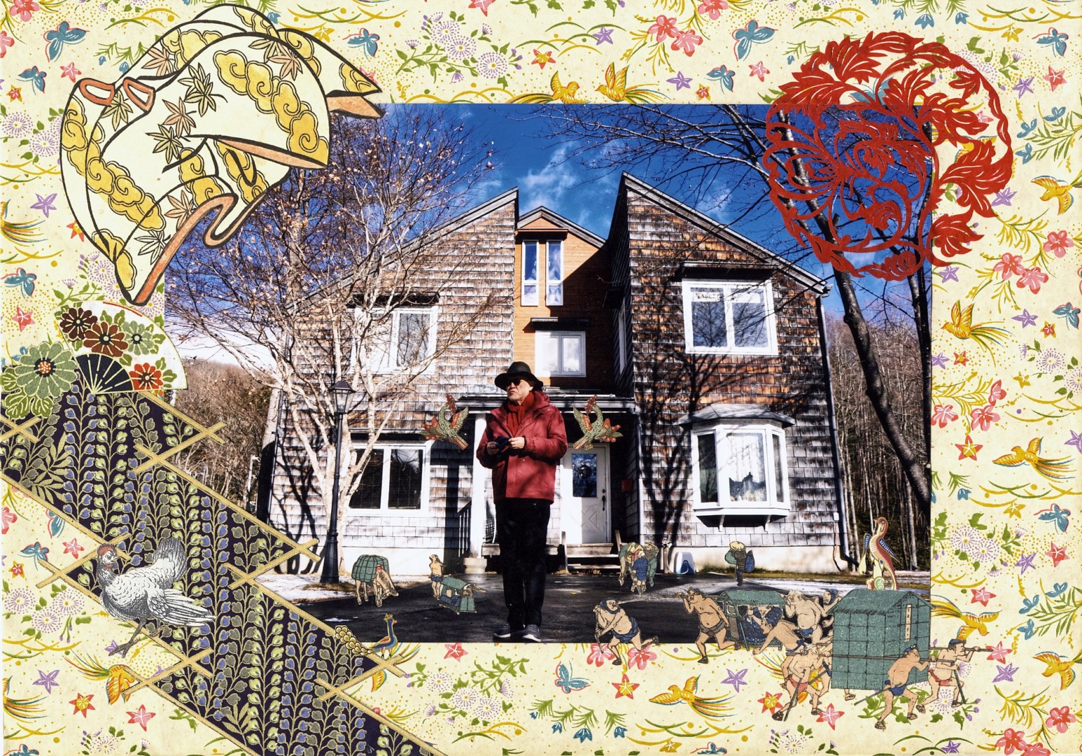 Collage portrait of a man in front of his house, framed with floral Japanese paper