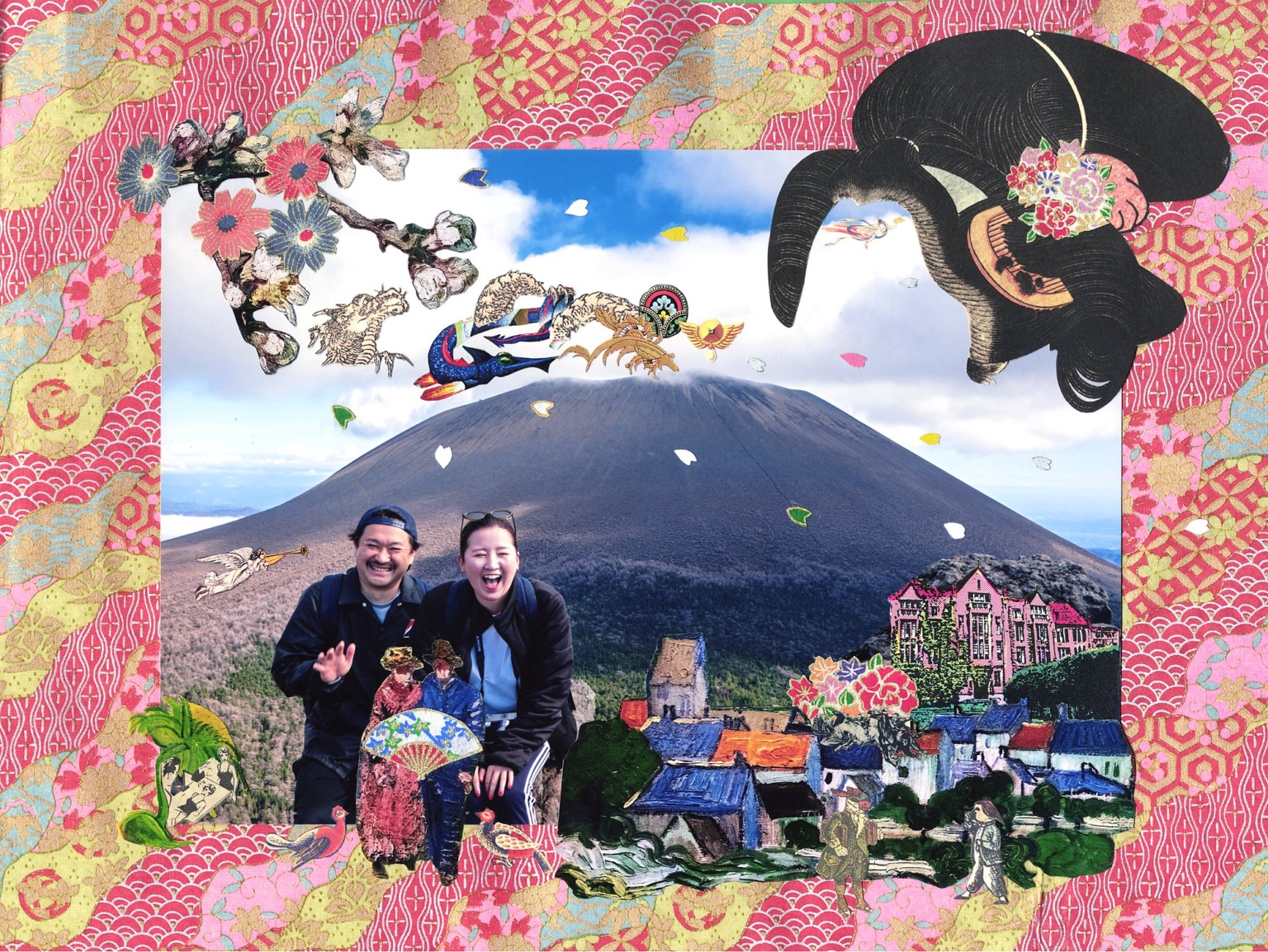 Collage portrait of a couple laughing in front of Mt. Asama, framed with pink Japanese paper