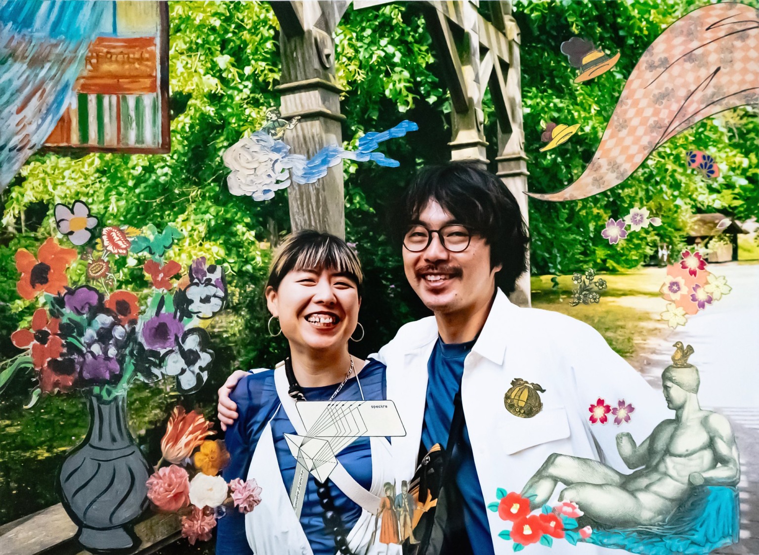 Collage portrait of a smiling couple in a park, surrounded by cut-out flowers and a classical statue