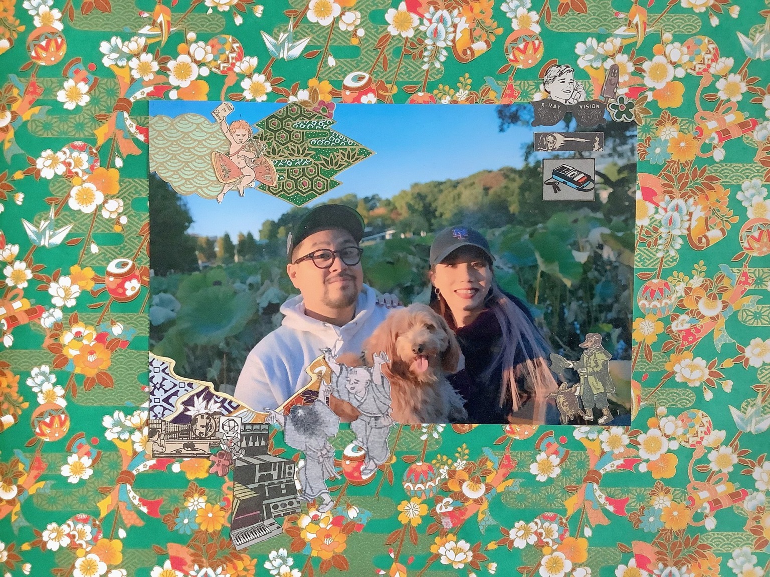 Collage portrait of a couple with their dog by a lotus pond, framed with green Japanese washi paper