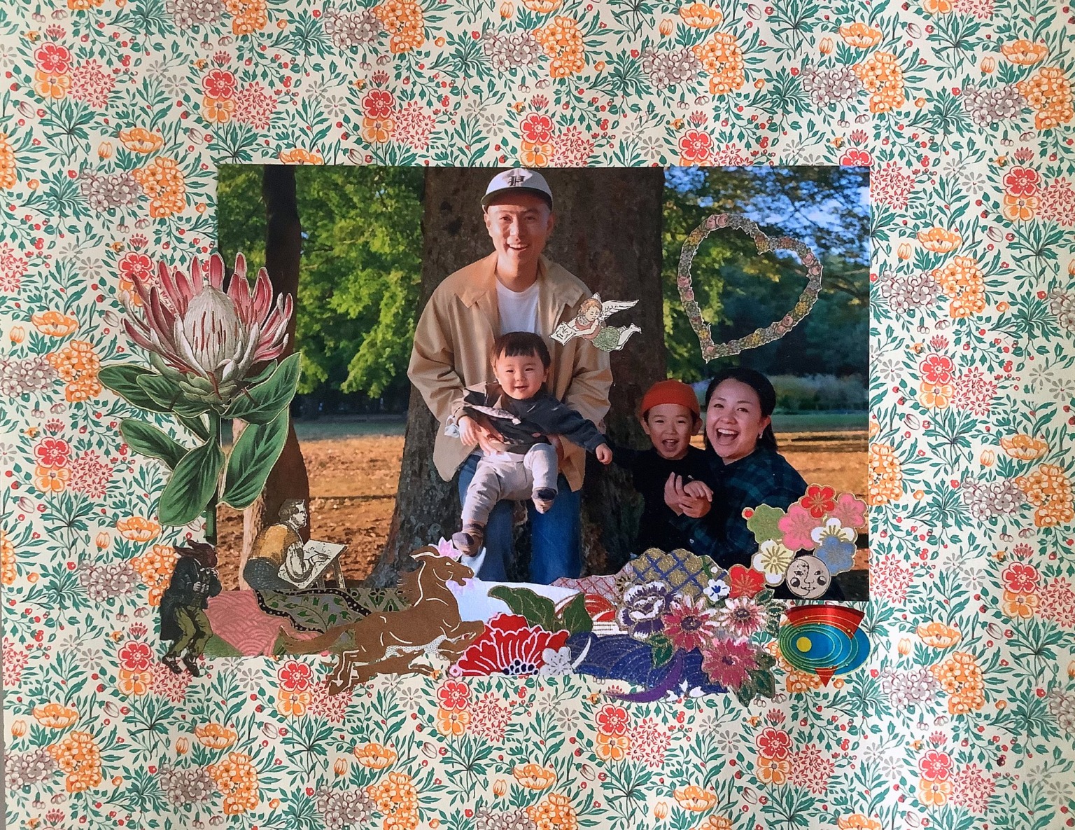 Collage portrait of a family of four under a large tree, framed with floral paper and a protea flower